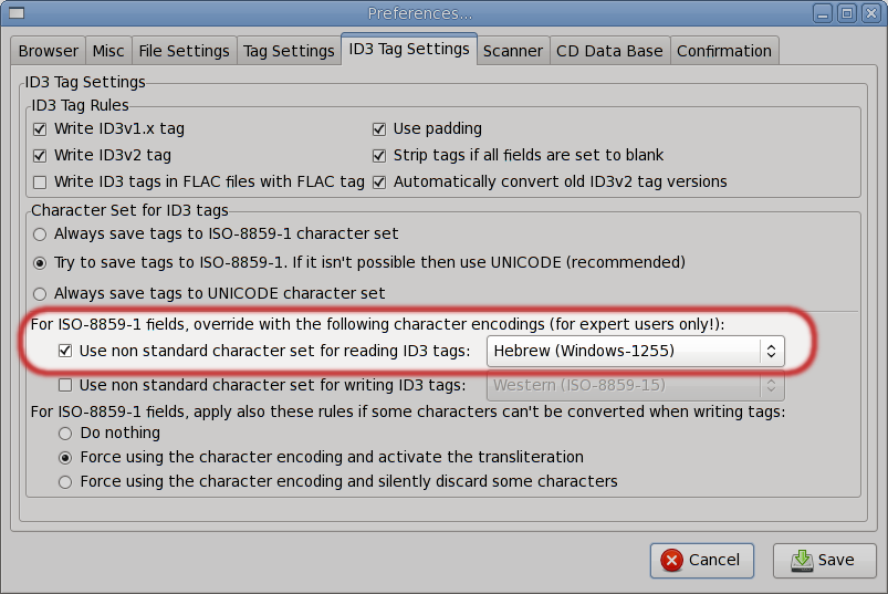 EasyTag Preferences Set Hebrew character set in EasyTag Prefernces